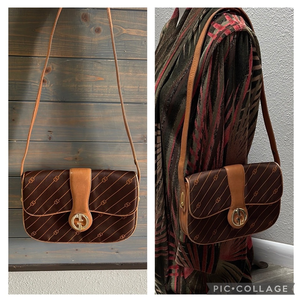 Rare Authentic Gucci Vintage Brown Leather Shoulder Bag with Gold Hardware